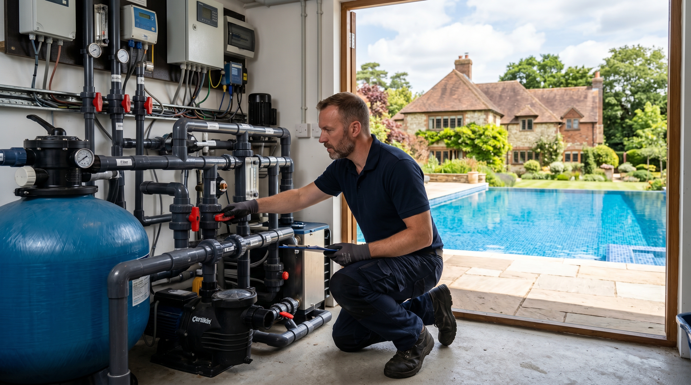 Herts & Essex Pools technician working on pool equipment